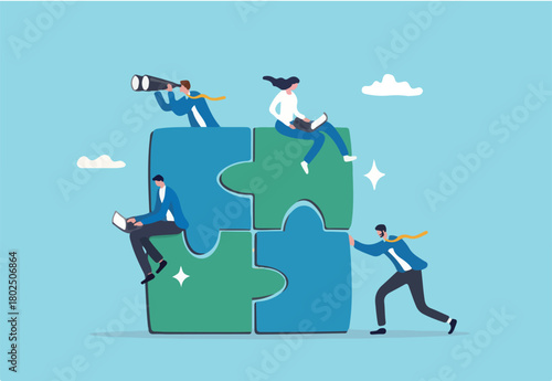Project team collaboration, teamwork, partnership or coworker working together to solve problem and achieve success, cooperation concept, businessman woman colleague working together on jigsaw puzzle.