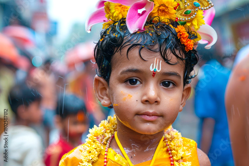 An Indian boy participating in the traditional Ganesh visarjan procession, his spirit of farewell mixed with hope and anticipation for the deity's return next year.