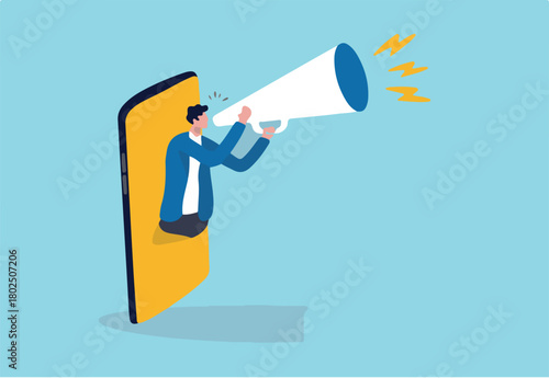 Mobile marketing, digital strategy using influencer or advertising with social media app targeting user smartphone concept, cheerful man telling promotion on megaphone appearing from mobile smartphone