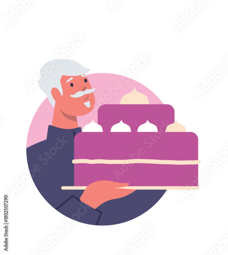 Senior man carrying birthday cake
