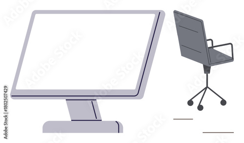Computer monitor and ergonomic swivel chair representing modern workplace setup. Ideal for office culture, productivity, remote work, technology usage, corporate environment, design, and simplicity