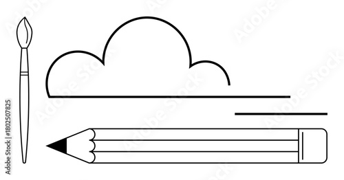 Paintbrush, pencil, and cloud line art portraying artistic creation, imagination, and sketching. Ideal for art, creativity, design education innovation brainstorming minimalism. Simple flat
