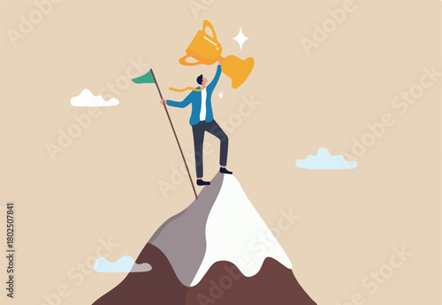 Success leadership to achieve goal, motivation or aspiration to reach target, winner challenge, growth journey or honor pride concept, success businessman holding winning flag trophy on mountain peak.