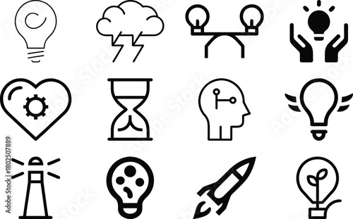 Creative Idea Outline Icons Set Lightning Brainstorm Conceptualization Balance Solution Hands Lightbulb Inspiration Imagination Symbols Design