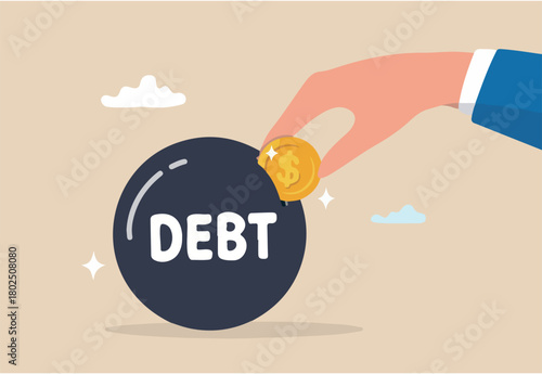 Pay off debt, financial obligation, responsibility to pay debtor, money decision, liability relief, deficit or borrowing due, indebted concept, businessman hand put dollar coin money into debt bomb.