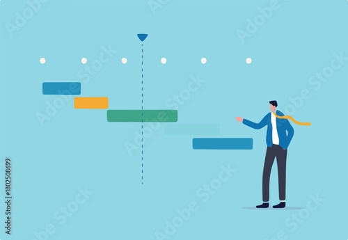 Project timeline or schedule, planning for resource on working tasks, development plan, deadline to launch product, workflow concept, businessman project manager review project timeline gantt chart.