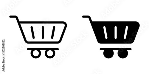 Shopping Cart icon set. A clean and simple illustration of a shopping cart icon in both outline and filled styles, perfect for representing online shopping, retail, and e-commerce related themes.