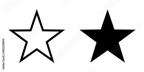 Star icon set. A minimalist illustration featuring a simple star symbol, displayed in both outline and solid filled variations, ideal for various design projects.