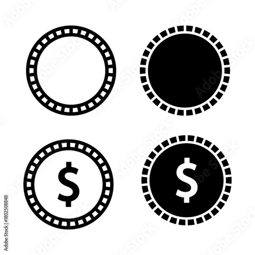 Coin icon set. A set of minimalist style coin illustrations in outline and solid fill with and without dollar sign symbol. These graphic assets are useful for finance, currency, or investment.