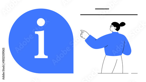 Blue info icon next to a person gesturing towards an abstract presentation. Ideal for education, learning, help, presentation, training, communication, support. Clean and simple flat metaphor