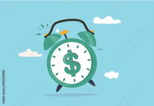 Time for money, making profit from investment, promotion alert for bargain deal, bill payment or deadline to start building wealth concept, ringing alarm clock with dollar money sign on clock face.