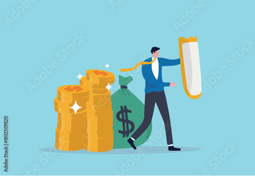 Wealth protection, investment asset allocation portfolio in volatility market or saving guard in financial and economic crisis, businessman expert with strong shield to protect money coins stack.
