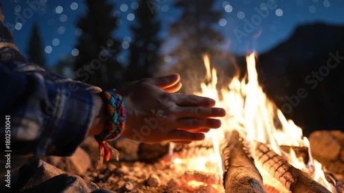 A person warms their hands beside a crackling campfire, bathed in the soft glow of the flames under a starlit sky.
