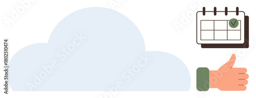 Cloud with a calendar marked with a check and a thumbs-up gesture symbolizing efficiency, approval, and effective planning. Ideal for time management, organization, approval process, technology