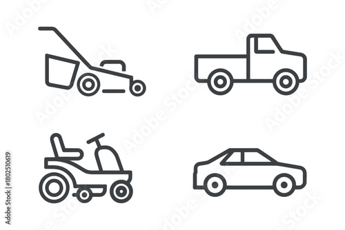 A collection of simplified line art icons representing lawnmower, pickup truck, riding mower, and car.