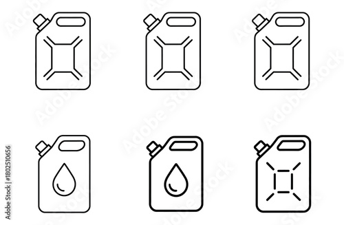 Six different stylized jerrycans are displayed in two rows against a white background.