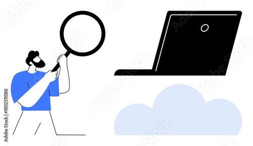 Man examines cloud-connected laptop with magnifying glass, emphasizing analysis, technology, cloud computing, online security, research, data storage, and investigation. Ideal for IT internet