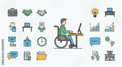 Inclusive workplace icons showing business growth and teamwork professional accessibility solutions for disabled workers in a modern company culture, Generative AI.