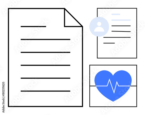 Large document, smaller profile with user icon, and a blue heart with heartbeat line. Ideal for healthcare, records, diagnostics, medical data, services, insurance organization simple flat metaphor