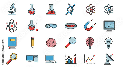 Science and innovation icons set for education research and creative projects that inspire curiosity and exploration perfect for learning materials, Generative AI.