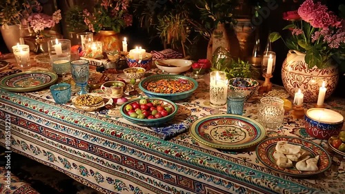 A beautifully laid Persian Nowruz table setting adorned with candles, food and flowers, reflecting