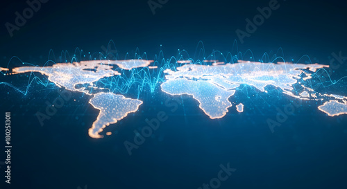 Vibrant digital world map adorned with dynamic blue wave patterns, illustrating the interconnectedness of global technology, data streams, and innovative communication networks