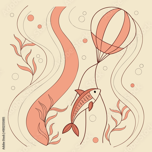 Whimsical illustration of a fish carried by a balloon amidst seaweed and bubbles, creating a dreamlike underwater scene with a playful and imaginative feel, perfect for childrens themes
