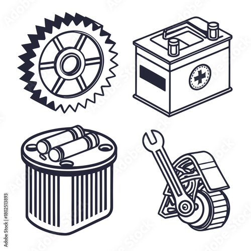 Illustration of automotive parts isolated on the image features a gear, a car battery, an oil filter, and a wrench, representing essential components for vehicle maintenance and repair