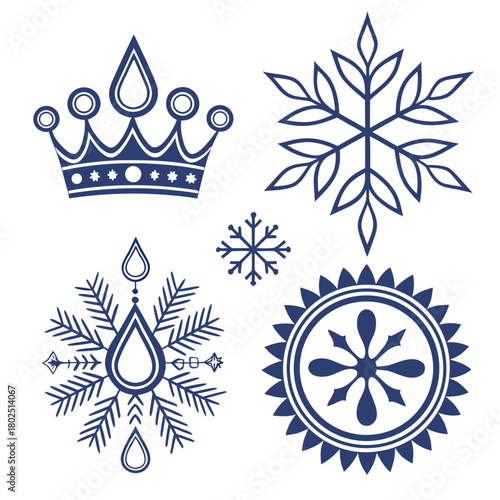 A collection of elegant navy blue vector designs featuring a regal crown, intricate snowflakes, and a sunburst pattern, isolated on, perfect for winterthemed invitations and decorations