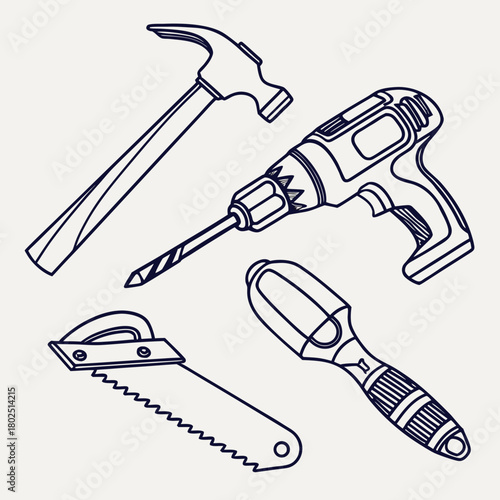 A handdrawn illustration showcases a hammer, drill, saw, and chisel, all neatly arranged on an isolated on, evoking a sense of craftsmanship and diy projects
