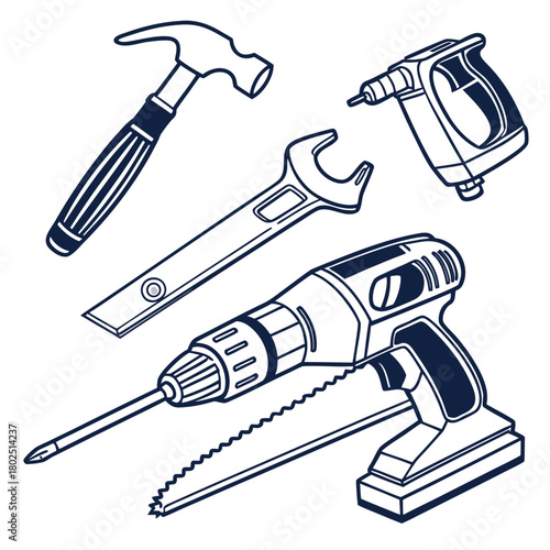 Illustration of various hand tools including hammer, drill, wrench, and saw isolated on the design is simple, clean and modern, perfect for use in a variety of projects