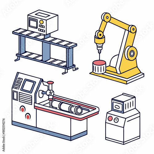 Isometric illustration featuring a collection of industrial machinery, including a robotic arm, a conveyor belt system, and control panels, all rendered in a clean, modern style isolated on