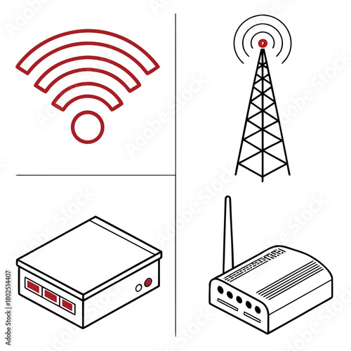 Illustration of wifi signal, cell tower, router, and modem on a, perfect for representing wireless connectivity and network infrastructure, isolated on