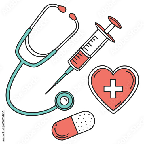 A medical illustration isolated on, featuring a stethoscope, syringe, heart with a cross, and a capsule, symbolizing healthcare and medical treatment, rendered in a clean, modern style