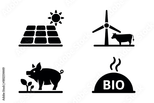 Icons depict renewable energy, livestock farming, and organic food production.