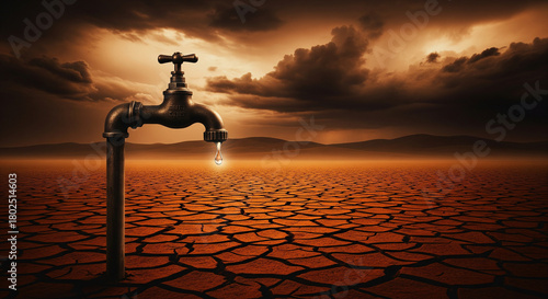 Dripping faucet over parched earth evokes urgent need for water conservation and climate action, symbolizing global water crisis and environmental awareness