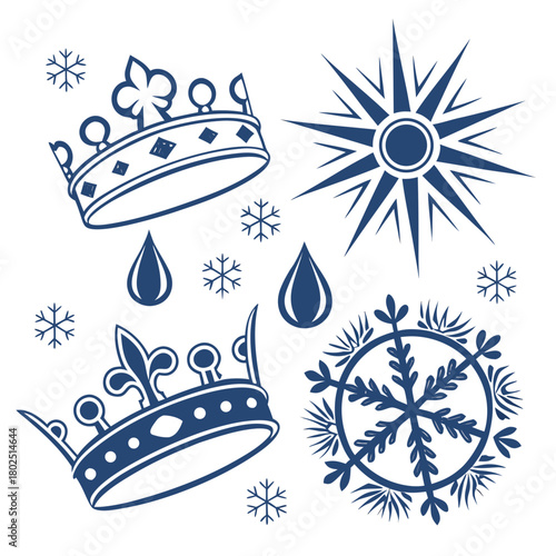 Elegant winter themed design featuring two ornate crowns, a radiant star, delicate snowflakes, and teardrop accents, all rendered in a classic blue hue on an isolated on