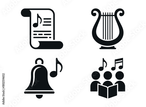 A collection of musical icons including sheet music, a harp, a bell, and a choir.