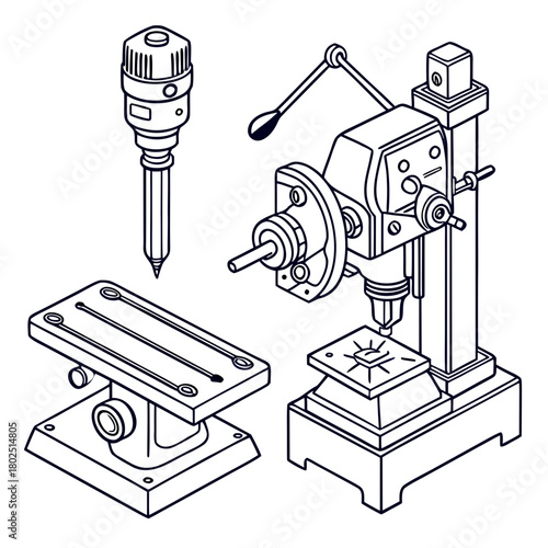 Illustration of a drill press and milling machine, showcasing the tools used for shaping and drilling materials with precision, isolated on these machines represent industrial manufacturing