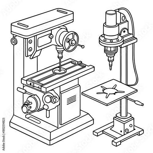 Illustration of a milling machine and drill press, showcasing the tools used for shaping and drilling materials with precision, isolated on these machines represent industrial manufacturing