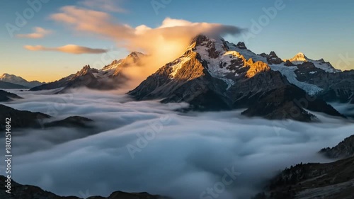  Majestic mountains pierce through a sea of clouds, basking in the golden hour, embodying tranquility and raw natural power. 