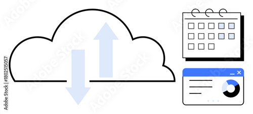 Cloud with uploaddownload arrows, digital calendar, and dashboard. Ideal for data sync, cloud storage, productivity, planning, analytics remote work teamwork. Simple flat metaphor