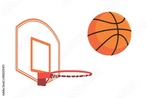 A basketball and hoop are depicted on a white background.