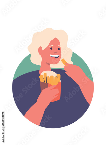 Woman eating fried french potato