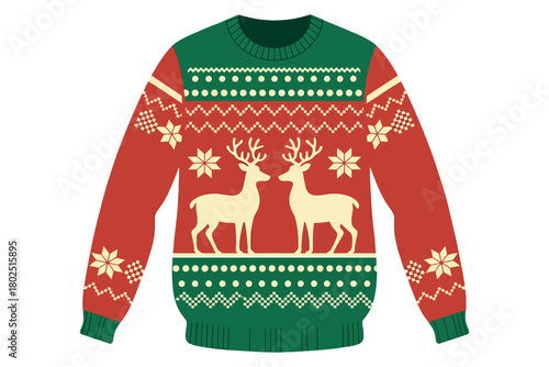 A festive red and green Christmas sweater with reindeer and snowflake patterns is displayed.