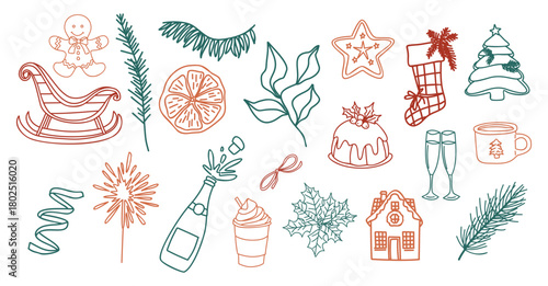 Set of hand-drawn Christmas and winter doodles in coral red and forest green outlines. Minimalist holiday icons including cookies, foliage, champagne, tree, stocking, and festive elements