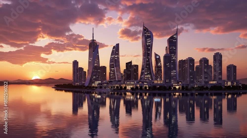 Wallpaper Mural Modern cityscape with contemporary skyscraper architecture at sunset overlooking calm water Torontodigital.ca