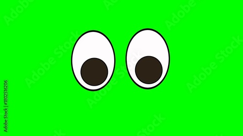 Animation or computer graphics of a winking eyes and looking in different sides on a green chromakey background for insertion