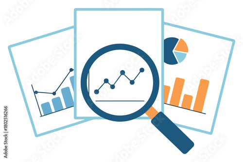 Magnifying glass over a growing graph on a report indicates business analysis.
