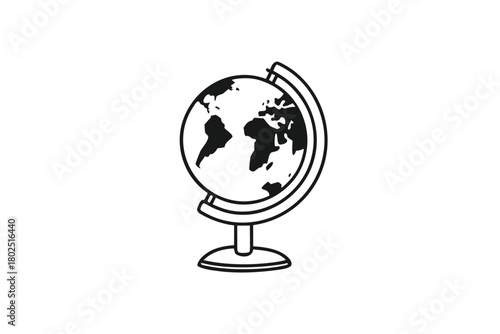 A black and white world globe illustration shows land masses clearly against a white background